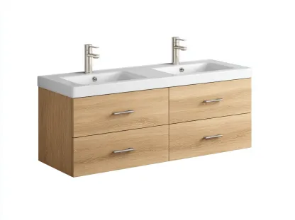 Mueble de baño suspendido con doble lavabo 120x48x57 cm - roble claro - con cuatro cajones de almacenamiento