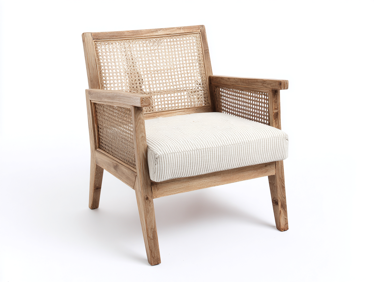 Sillón de madera con laterales de ratán y cojín de tela - 77x78x85 cm - beige/natural - estilo rústico
