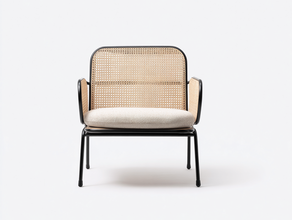 Sillón con respaldo de ratán y cojín de tela - 70x75x85 cm - natural/negro - estilo moderno