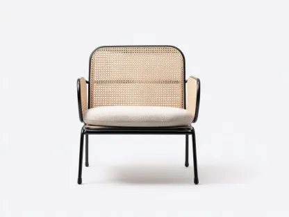 Sillón con respaldo de ratán y cojín de tela - 70x75x85 cm - natural/negro - estilo moderno