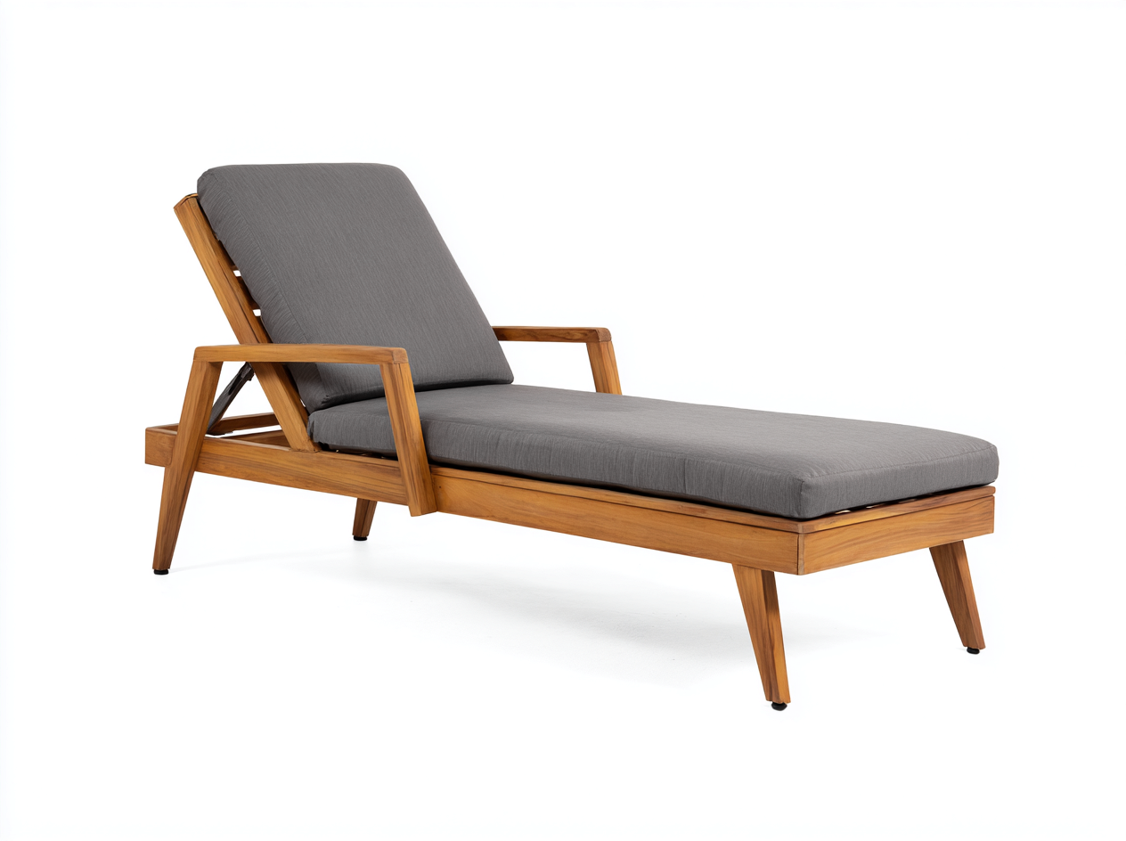 Tumbona de jardín en madera de teca 200x70x85 cm - cojín gris - respaldo ajustable - estilo moderno exterior