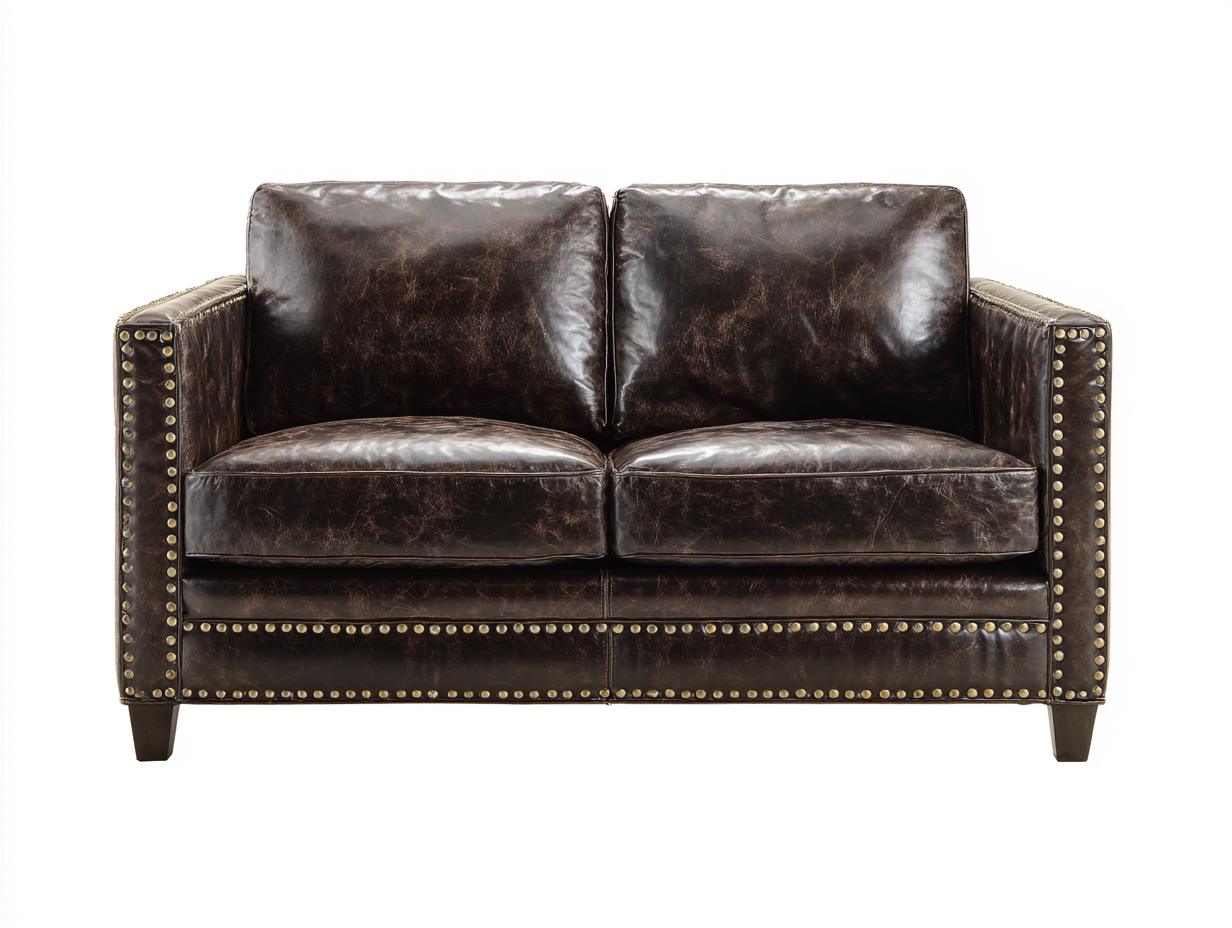 Sofá de dos plazas de cuero auténtico 160x88x85 cm - marrón oscuro - con tachuelas decorativas - estilo clásico