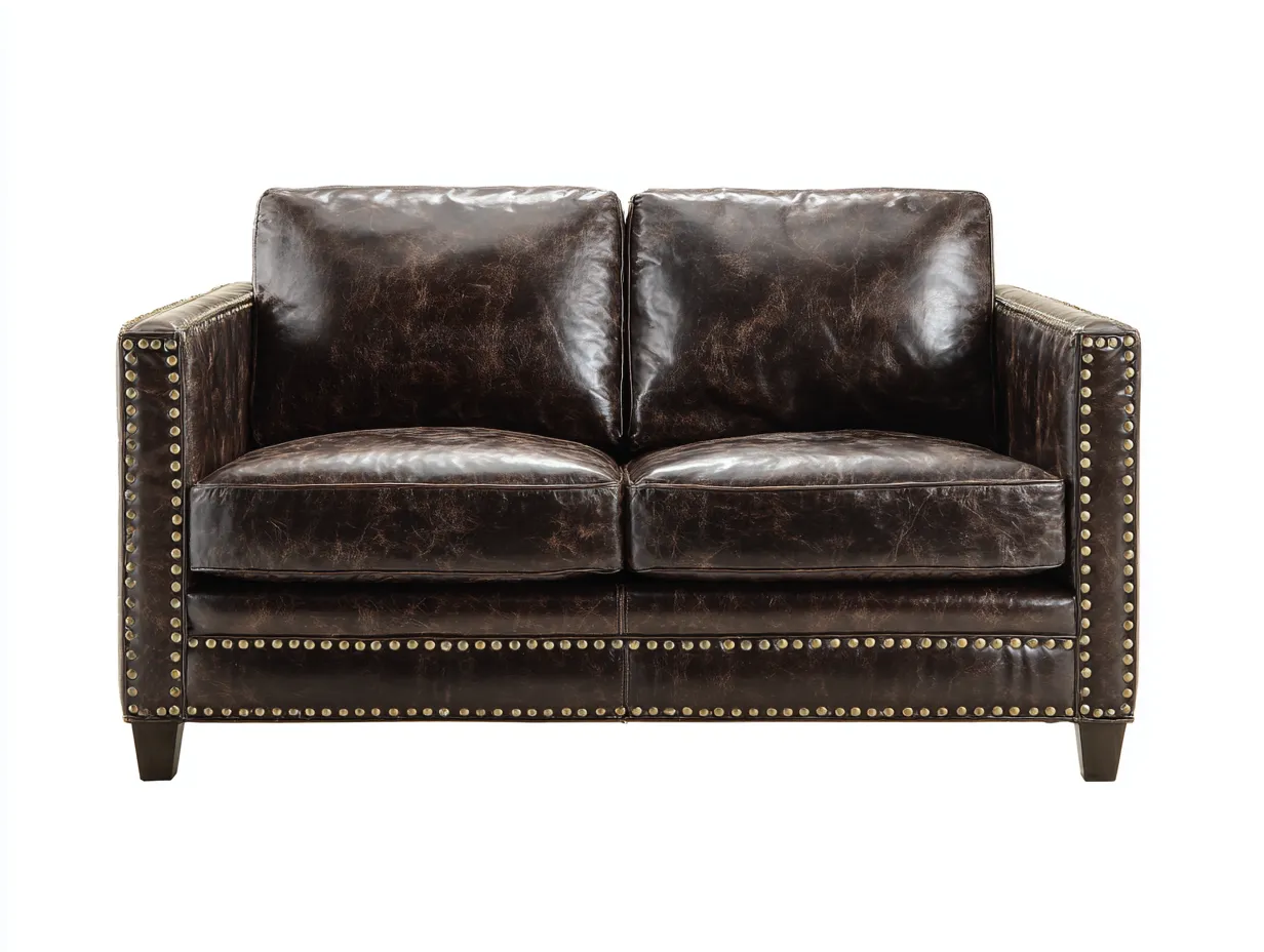 Sofá de dos plazas de cuero auténtico 160x88x85 cm - marrón oscuro - con tachuelas decorativas - estilo clásico