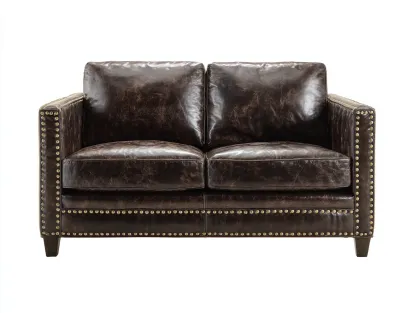 Sofá de dos plazas de cuero auténtico 160x88x85 cm - marrón oscuro - con tachuelas decorativas - estilo clásico