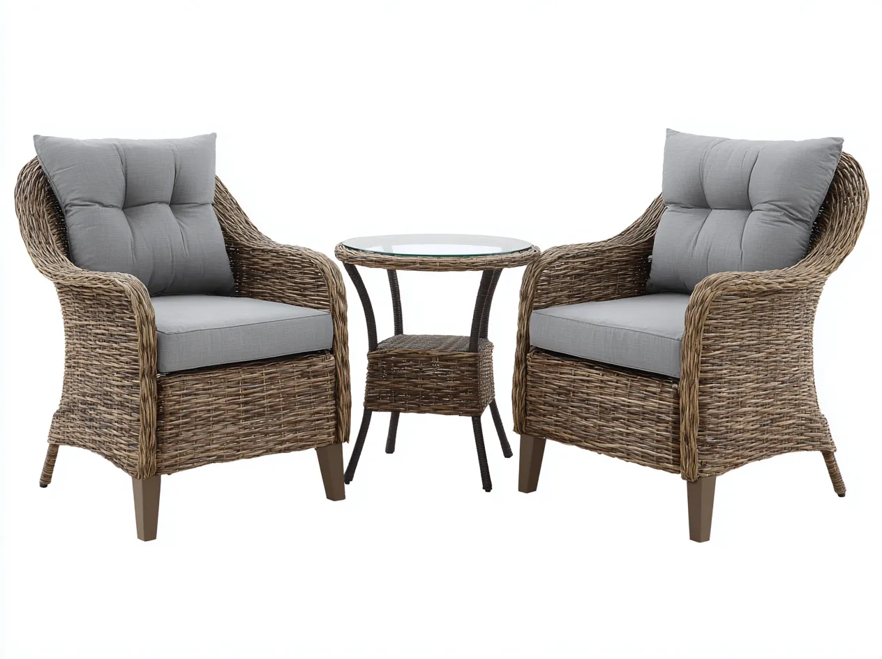 Conjunto de 2 sillones de ratán 70x65x90 cm con mesa auxiliar 50x50x55 cm - color madera natural - estilo exterior contemporáneo