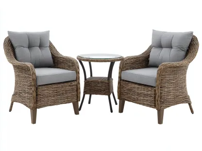 Conjunto de 2 sillones de ratán 70x65x90 cm con mesa auxiliar 50x50x55 cm - color madera natural - estilo exterior contemporáneo