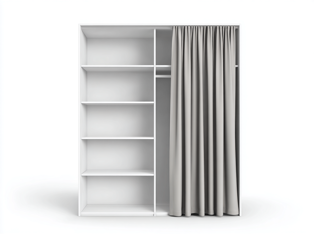 Armario ropero de madera 180x60x210 cm - blanco - con cortina gris y estantes