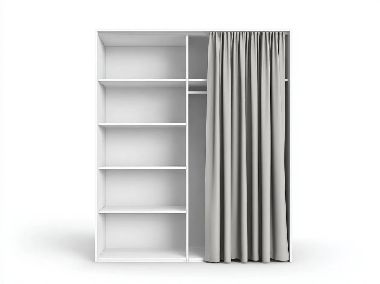 Armario ropero de madera 180x60x210 cm - blanco - con cortina gris y estantes