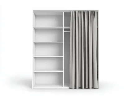 Armario ropero de madera 180x60x210 cm - blanco - con cortina gris y estantes