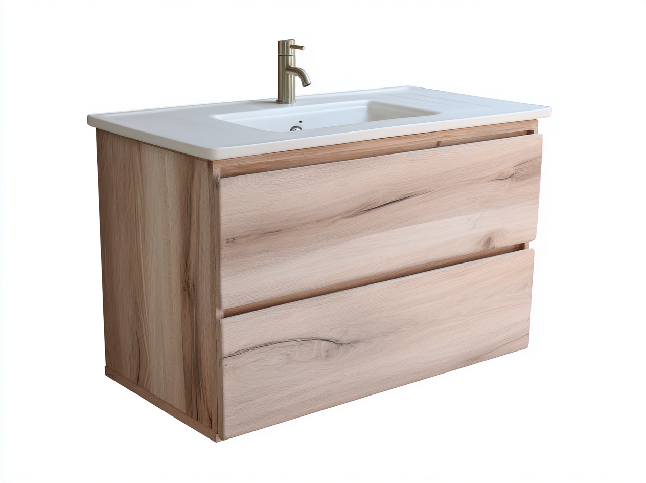 Mueble de baño con lavabo individual 90x46x56 cm - madera clara - con cajones de almacenaje