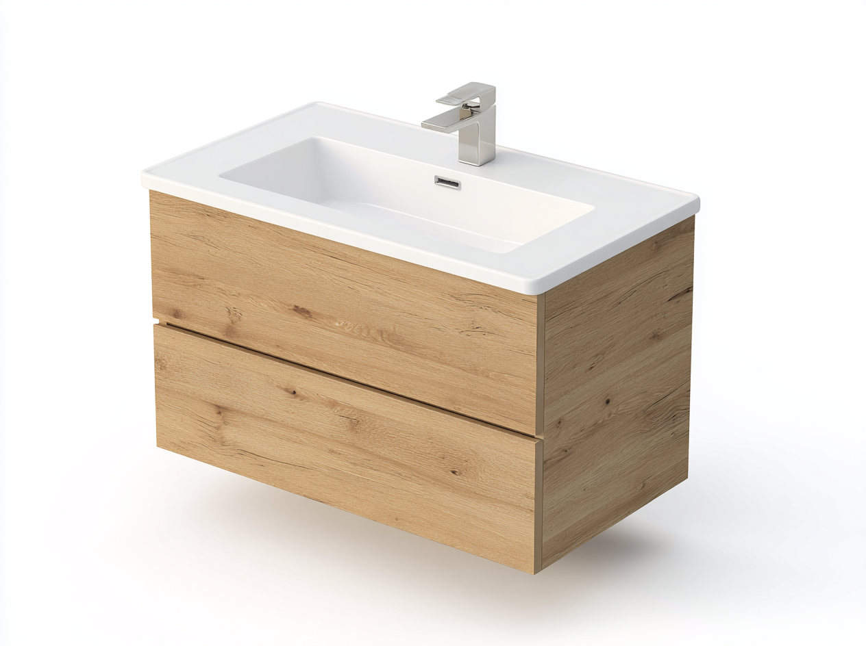 Mueble de baño con lavabo individual 80x46x55 cm - madera clara - con cajones de almacenaje