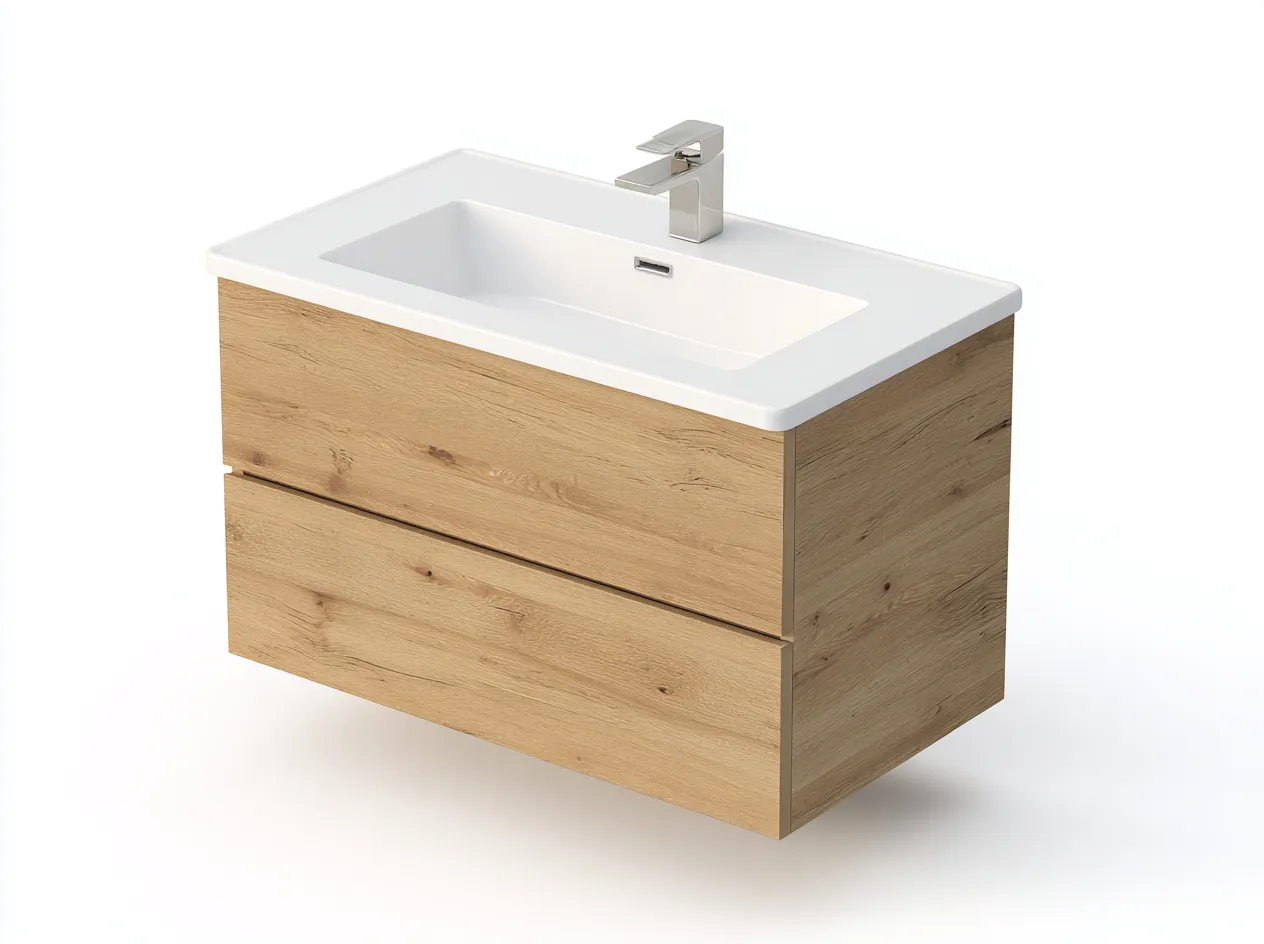 Mueble de baño con lavabo individual 80x46x55 cm - madera clara - con cajones de almacenaje