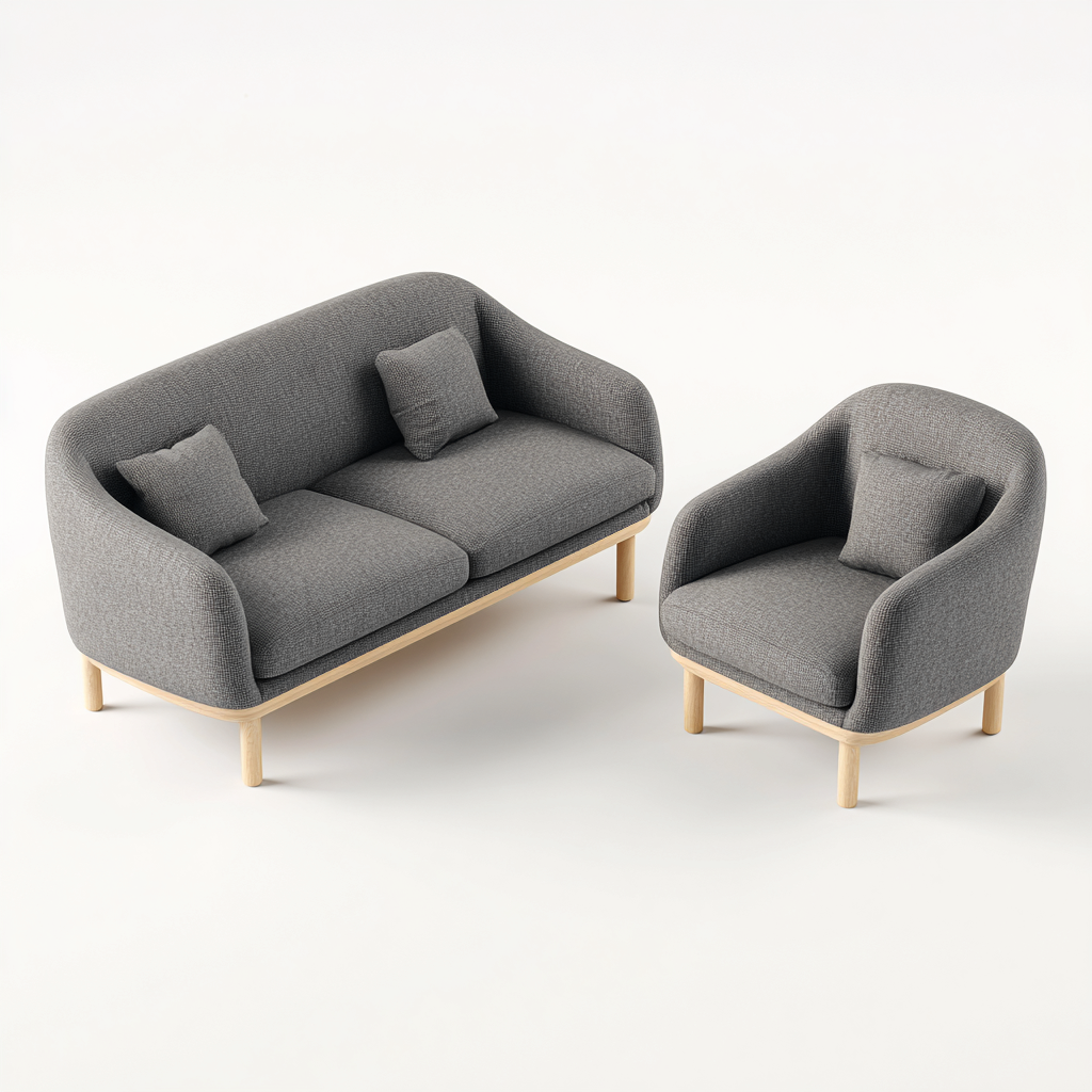 Sofá de dos plazas 150x85x85 cm y sillón 95x85x85 cm tapizados en tela - gris oscuro - estilo minimalista escandinavo