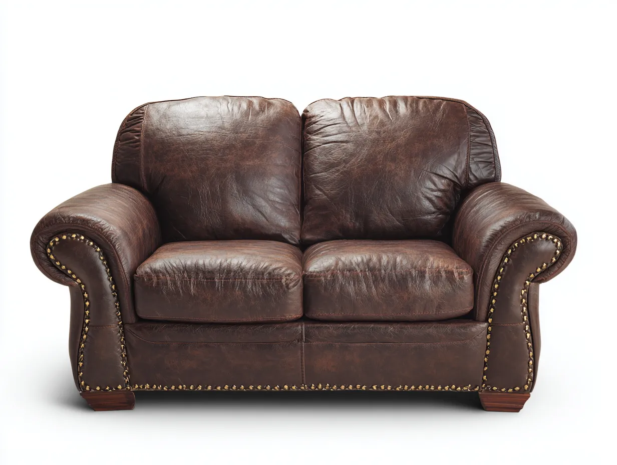 Sofá de dos plazas de cuero auténtico 165x92x90 cm - marrón oscuro - con tachuelas decorativas - estilo clásico tradicional