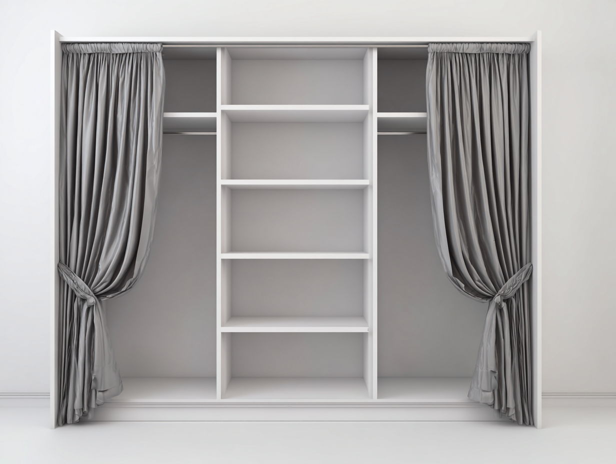 Armario con cortinas 240x60x220 cm - blanco/gris - con estantes