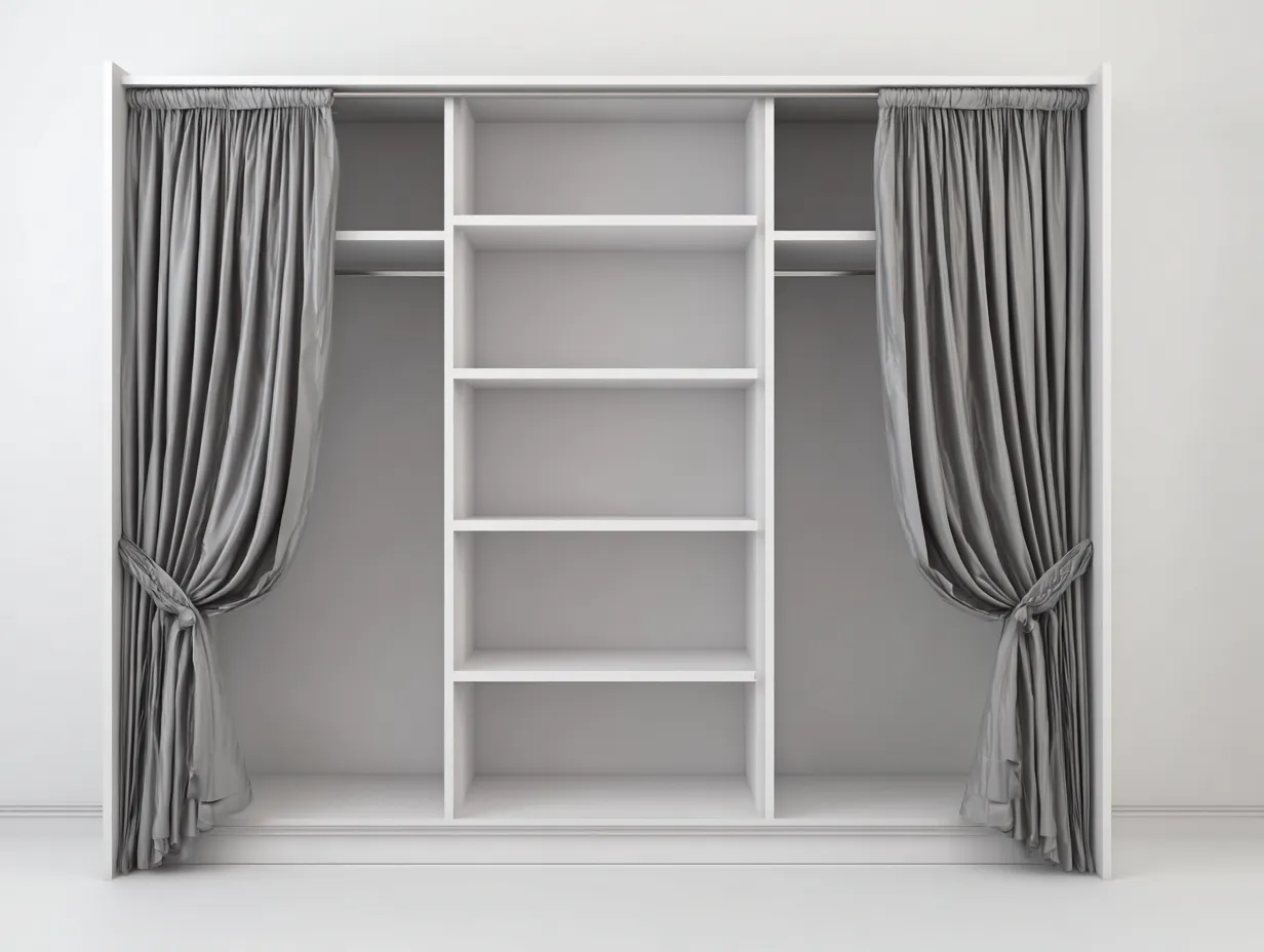 Armario con cortinas 240x60x220 cm - blanco/gris - con estantes