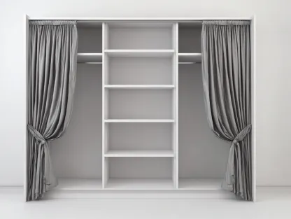 Armario con cortinas 240x60x220 cm - blanco/gris - con estantes