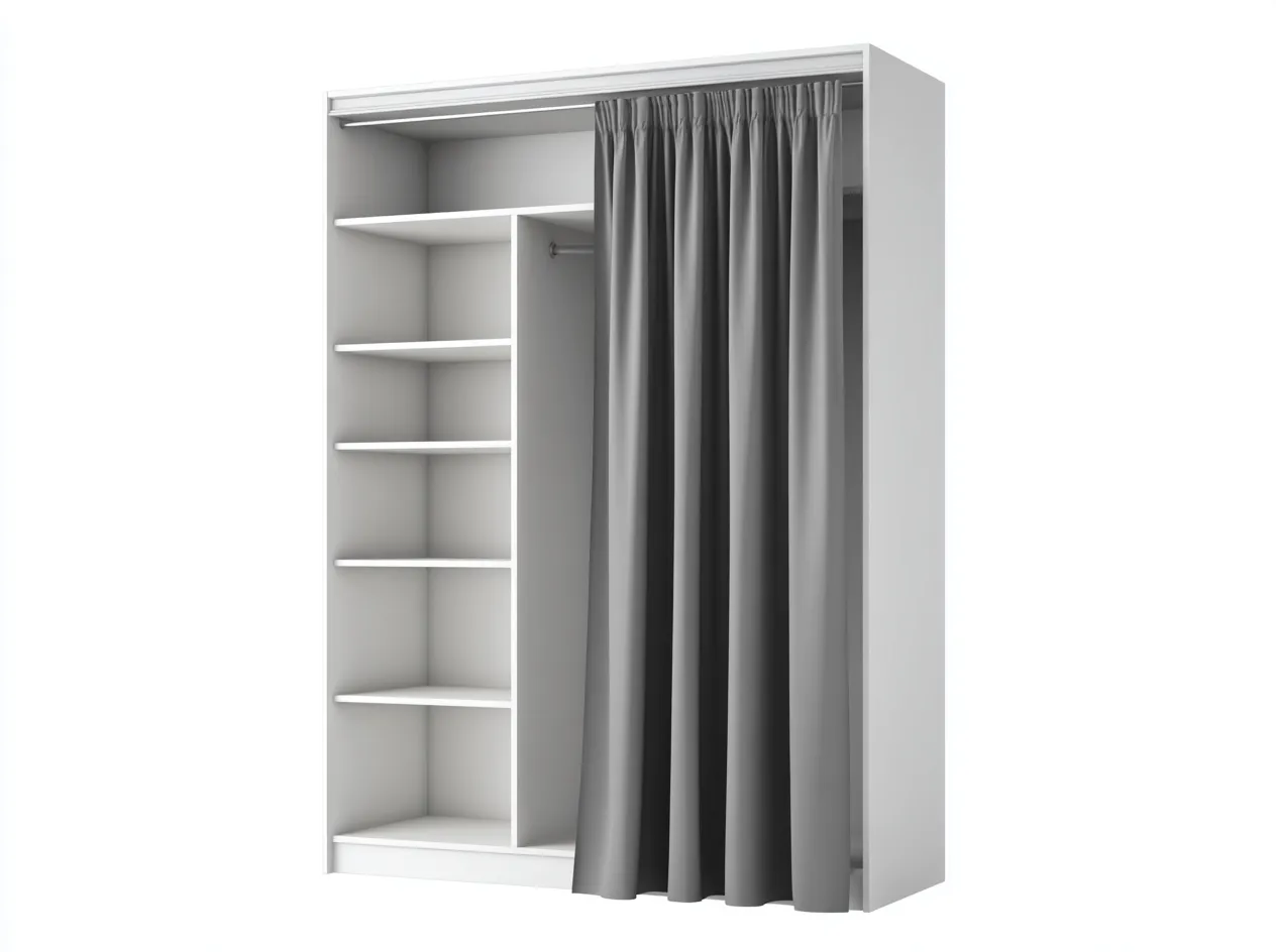 Armario de madera 120x60x200 cm - blanco/gris - con cortina y estantes