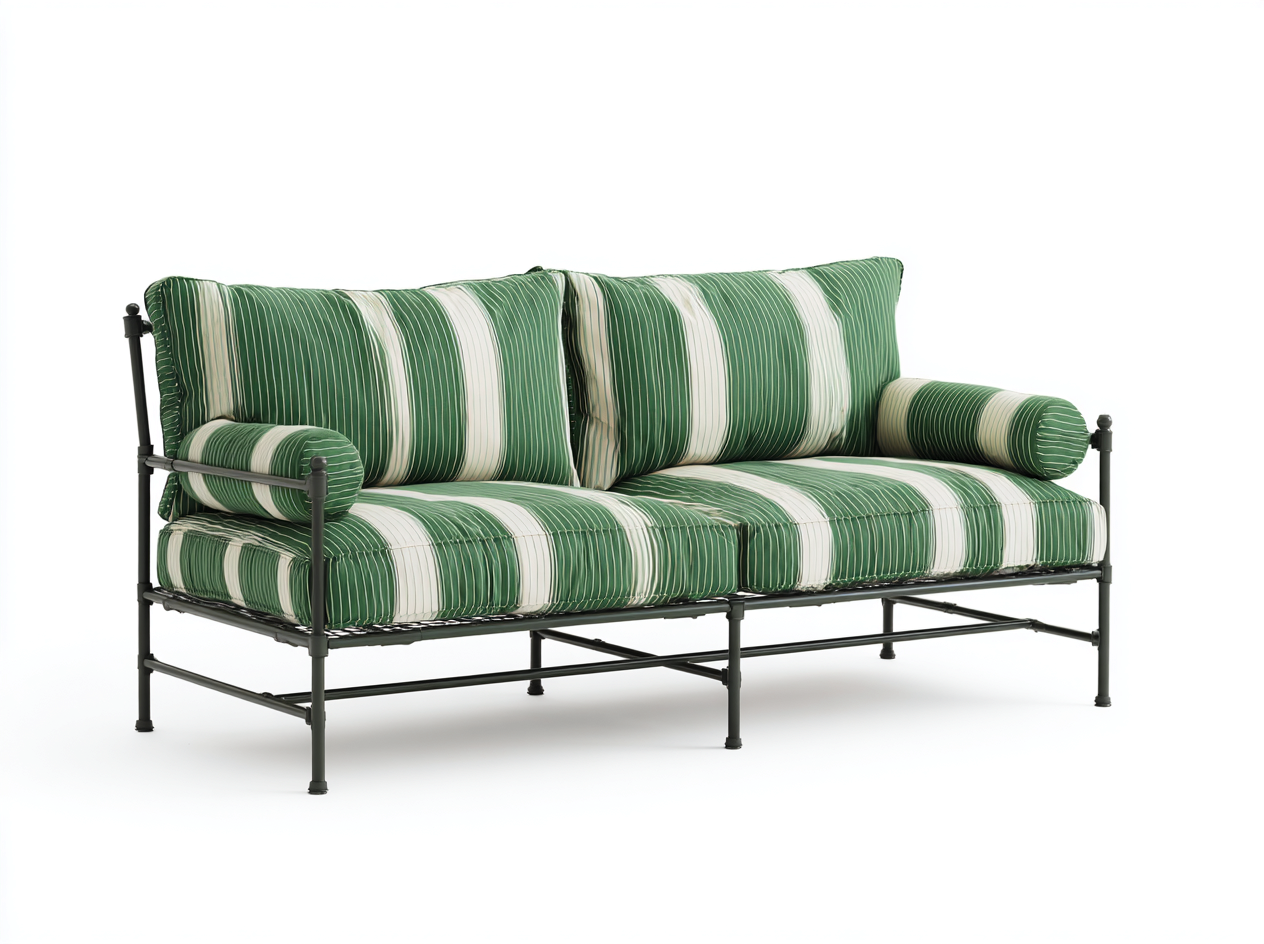 Sofá de jardín de 3 plazas con estructura metálica negra 175x80x90 cm - cojines verdes con rayas blancas - estilo moderno exterior