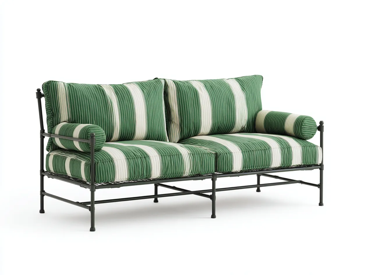 Sofá de jardín de 3 plazas con estructura metálica negra 175x80x90 cm - cojines verdes con rayas blancas - estilo moderno exterior