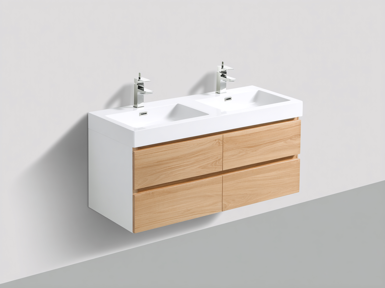 Mueble de baño con doble lavabo 120x46x55 cm - madera clara - con cajones de almacenaje