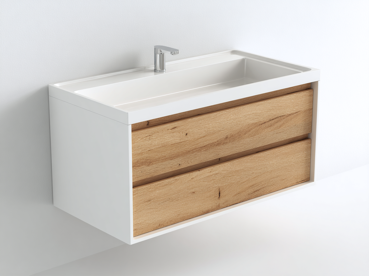 Mueble de baño suspendido con lavabo 100x47x58 cm - blanco/roble claro - con cajones de almacenamiento