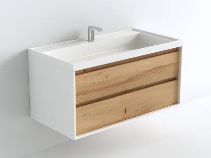Mueble de baño suspendido con lavabo 100x47x58 cm - blanco/roble claro - con cajones de almacenamiento