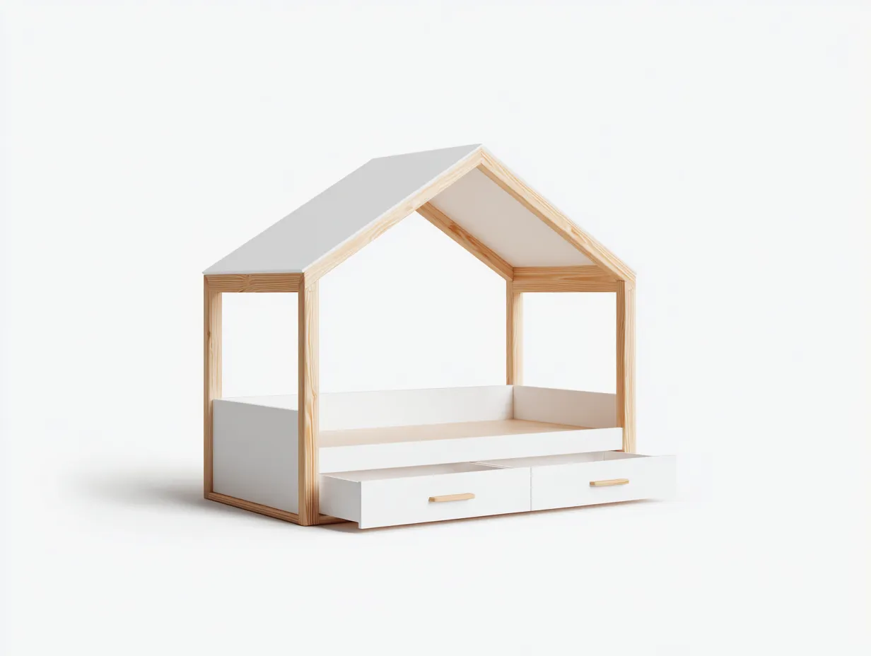Cama infantil con forma de casa 90x180x150 cm - blanco/roble claro - con dos cajones de almacenamiento