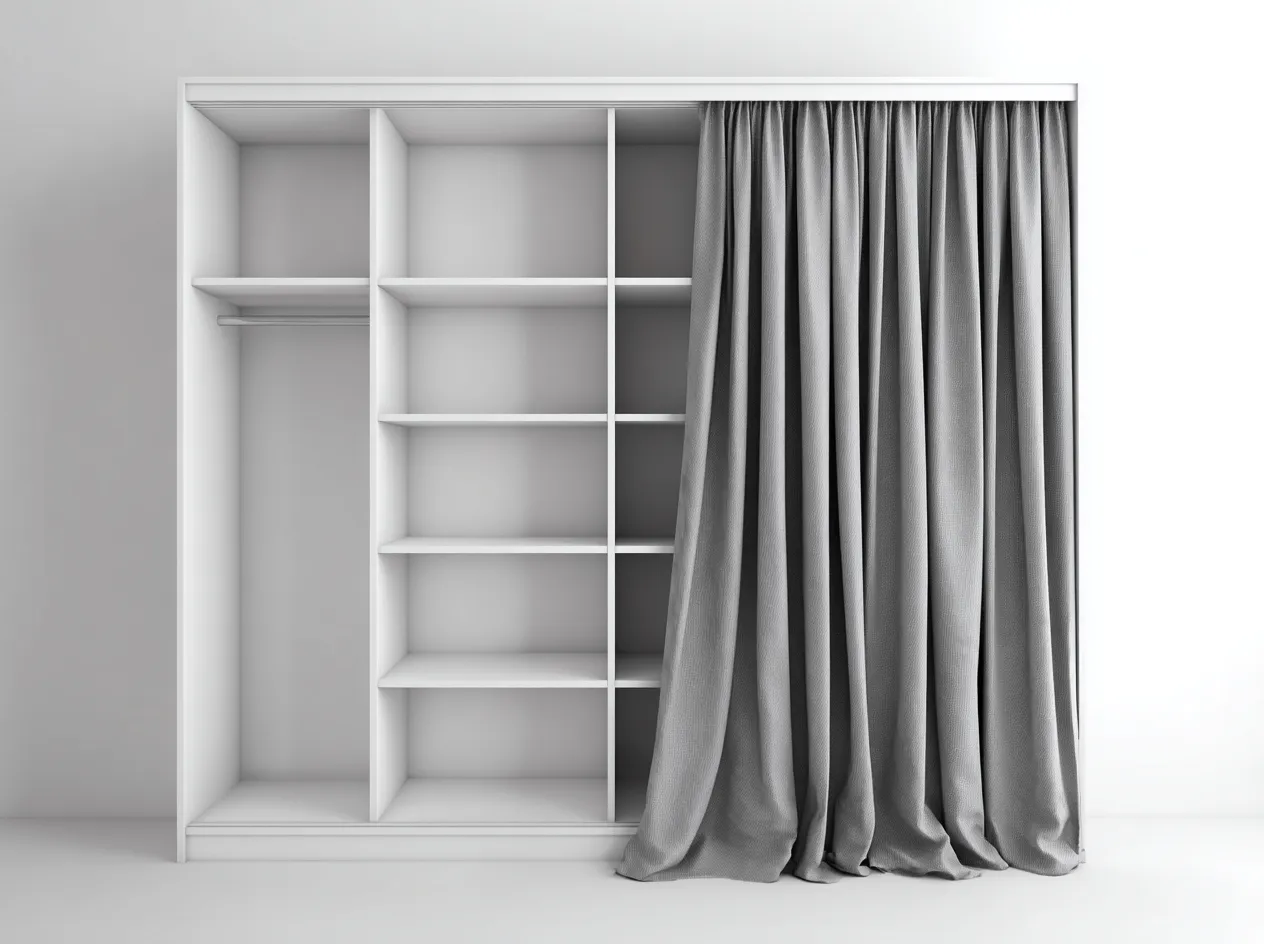 Armario de madera 220x60x200 cm - blanco/gris - con cortina y estantes