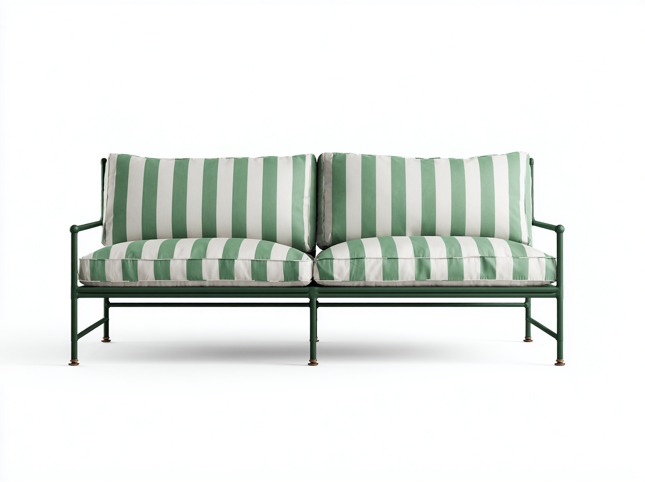 Sofá de jardín de 3 plazas con estructura metálica verde 170x80x88 cm - cojines verdes con rayas blancas - estilo moderno exterior
