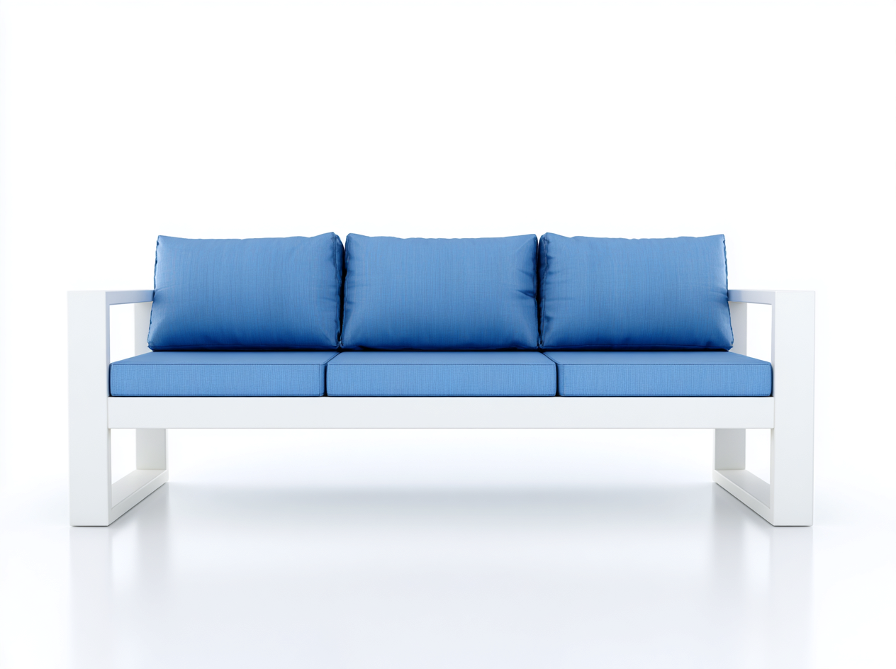 Sofá de jardín de 3 plazas con estructura de aluminio blanco 180x80x85 cm - cojines azules - estilo moderno exterior