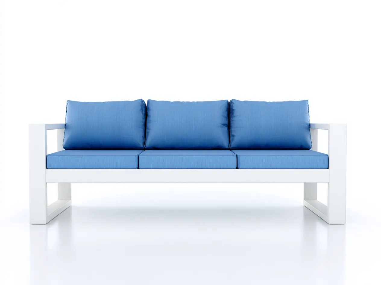 Sofá de jardín de 3 plazas con estructura de aluminio blanco 180x80x85 cm - cojines azules - estilo moderno exterior