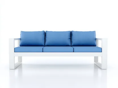 Sofá de jardín de 3 plazas con estructura de aluminio blanco 180x80x85 cm - cojines azules - estilo moderno exterior