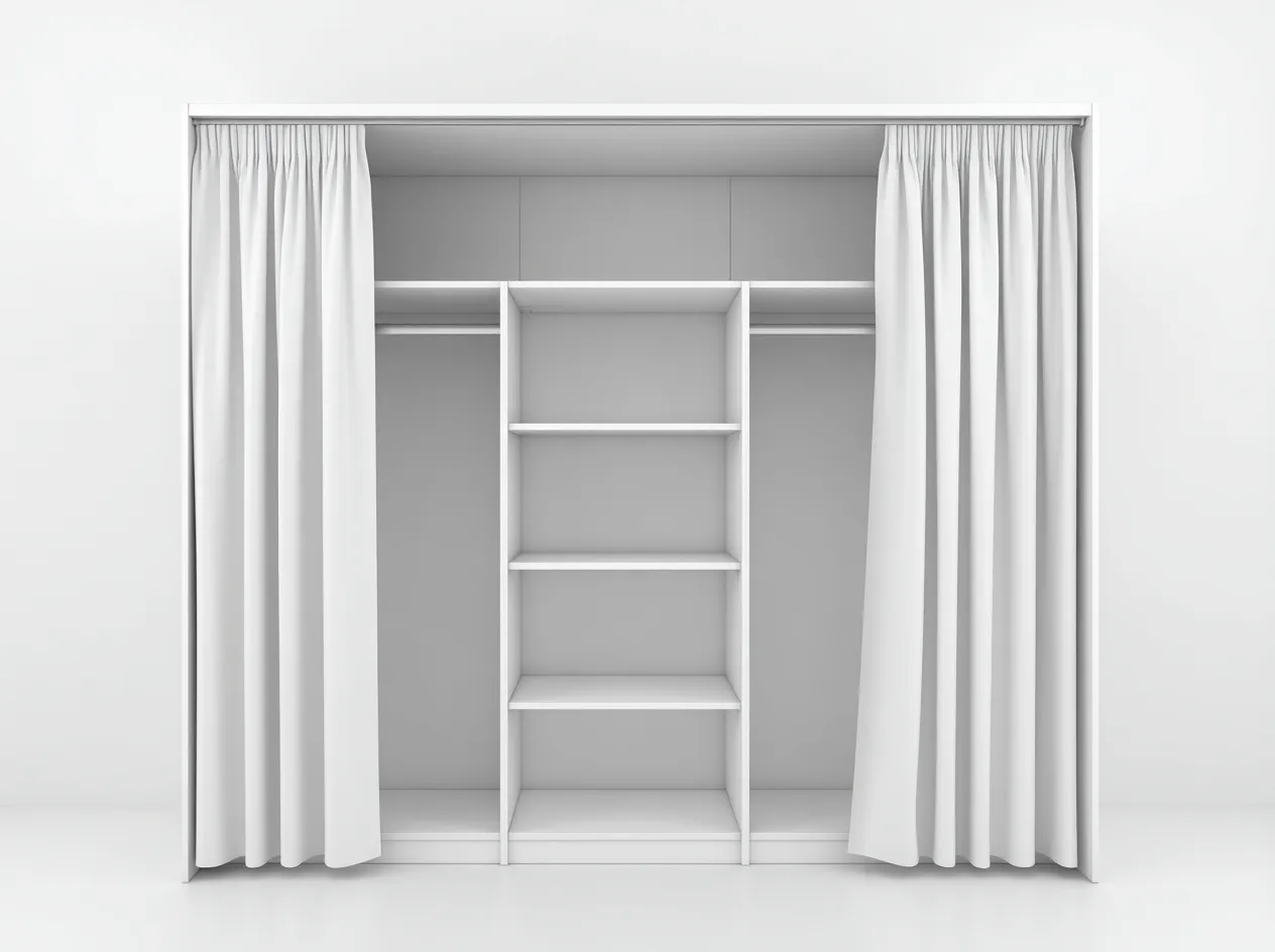 Armario ropero de madera 220x60x220 cm - blanco - con cortinas y estantes