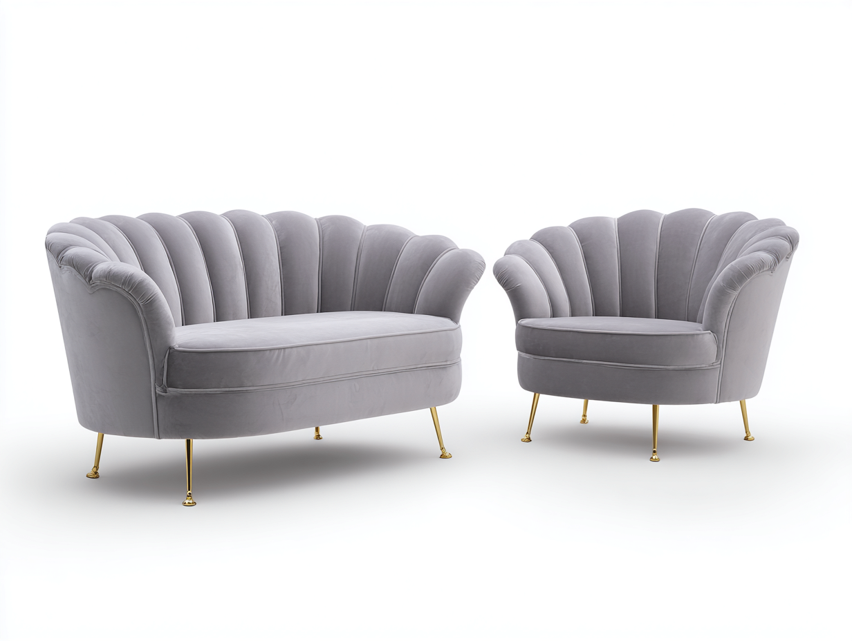 Sofá de dos plazas 150x80x85 cm y sillón 90x80x85 cm - terciopelo - gris claro - estilo elegante