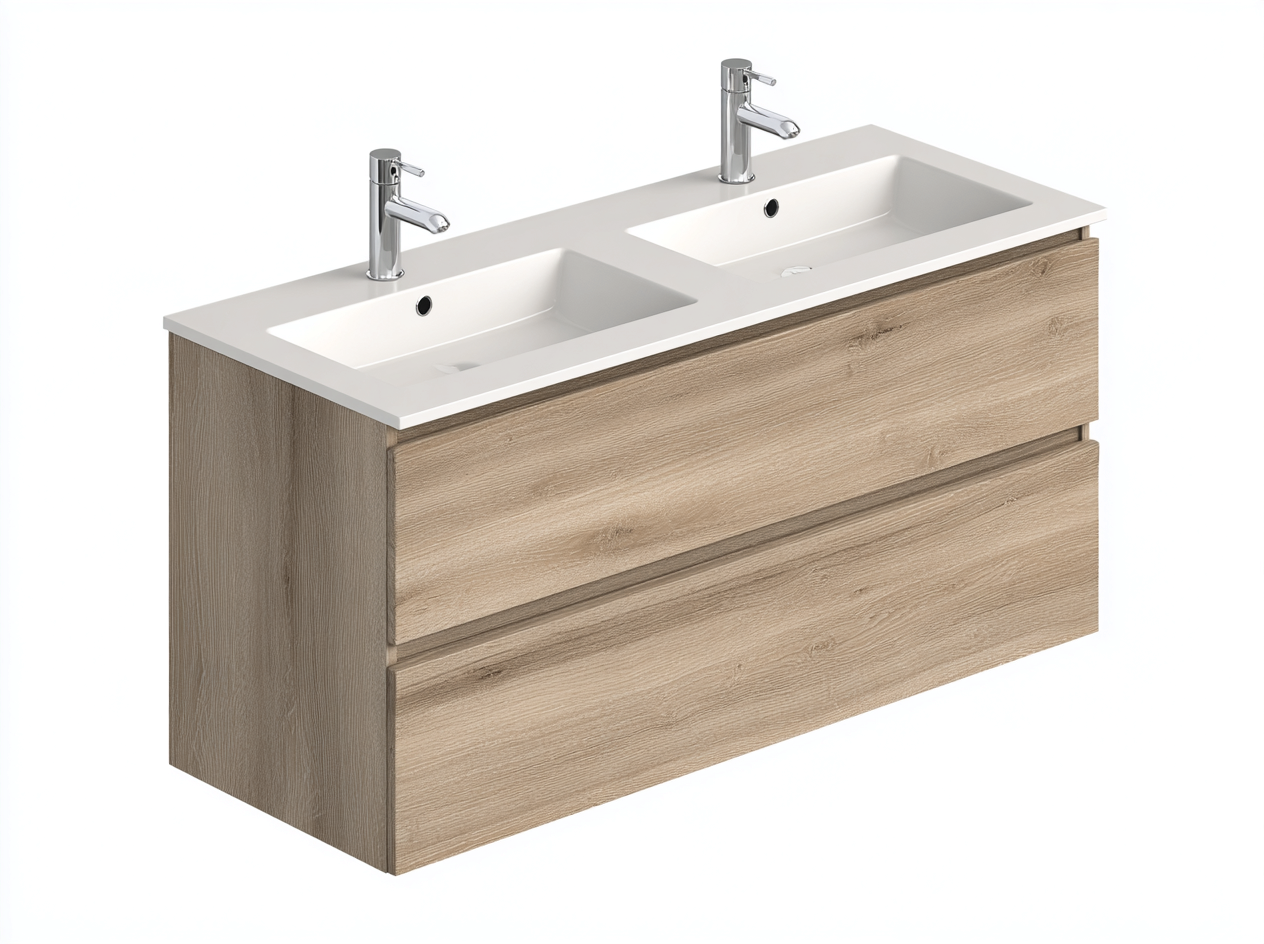 Mueble de baño con doble lavabo 120x46x56 cm - madera clara - con cajones de almacenaje