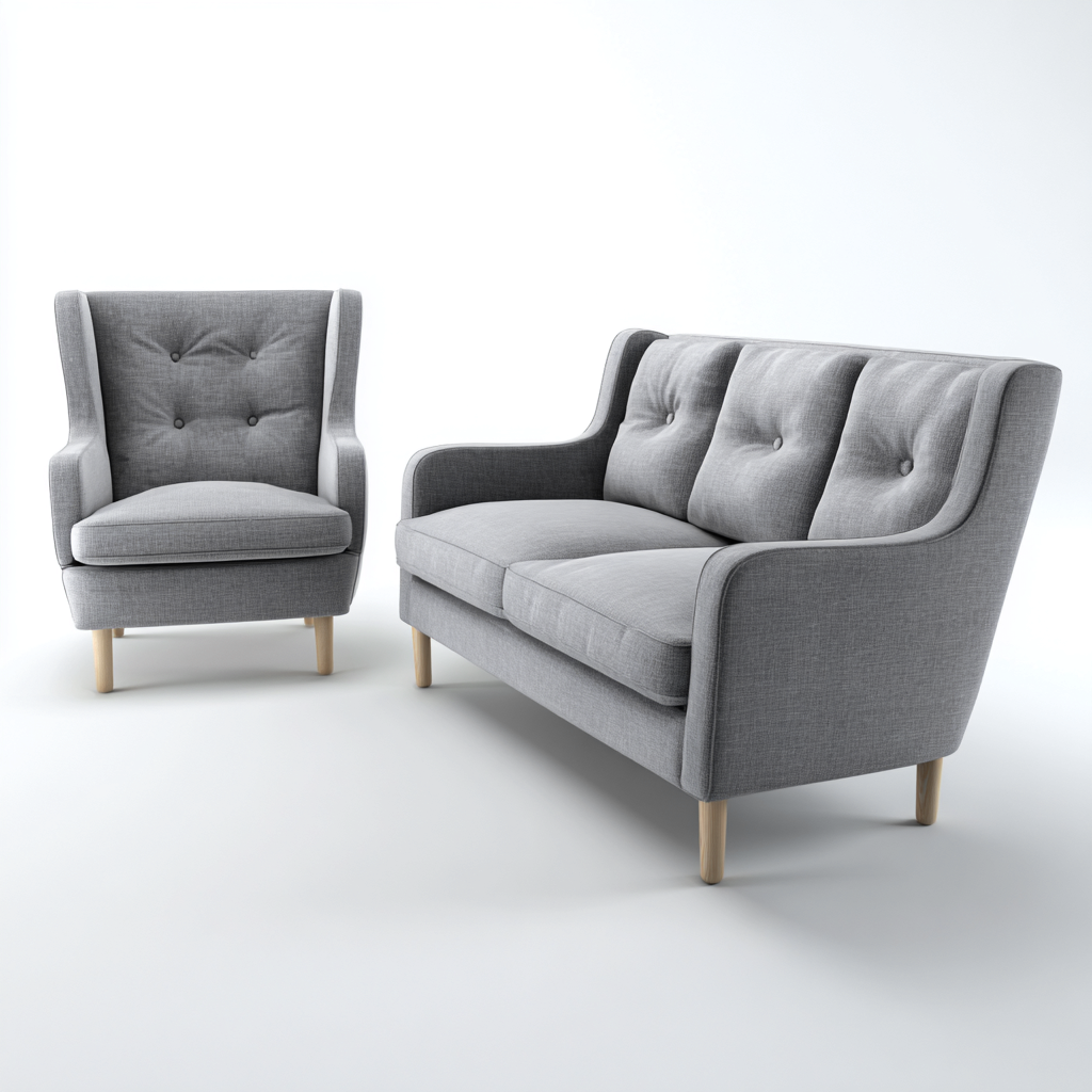 Sofá de dos plazas 150x88x90 cm y sillón 95x88x100 cm tapizados en tela - gris medio - estilo clásico escandinavo
