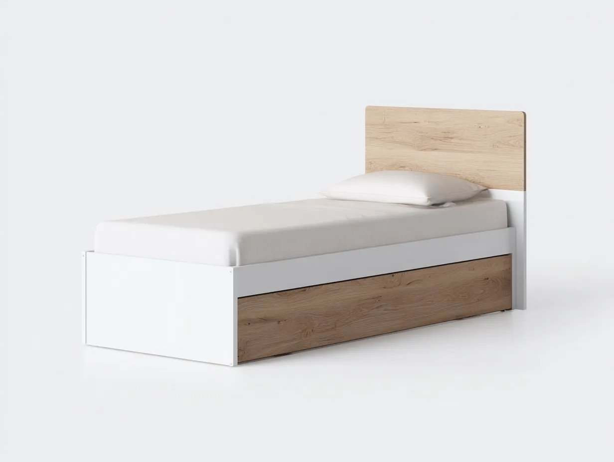 Cama individual con cajón de almacenaje - 90x200x80 cm - blanco y madera - estilo moderno