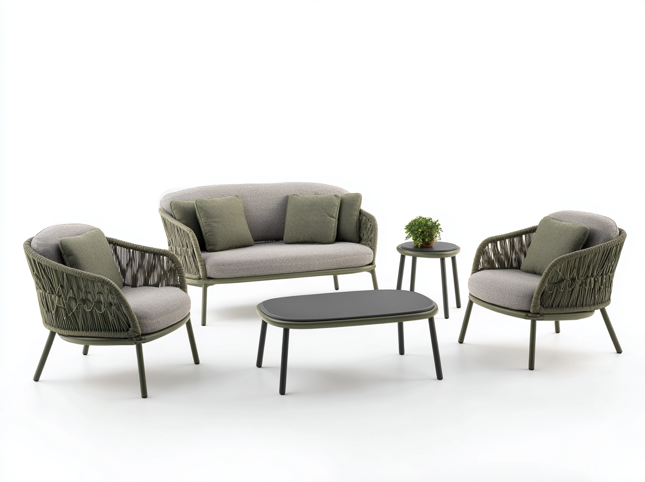 Conjunto de muebles de exterior con sofá de 2 plazas 150x80x85 cm + 2 sillones 75x80x85 cm + mesa de centro 95x55x45 cm + mesa auxiliar 45x45x50 cm - verde/gris - estilo contemporáneo