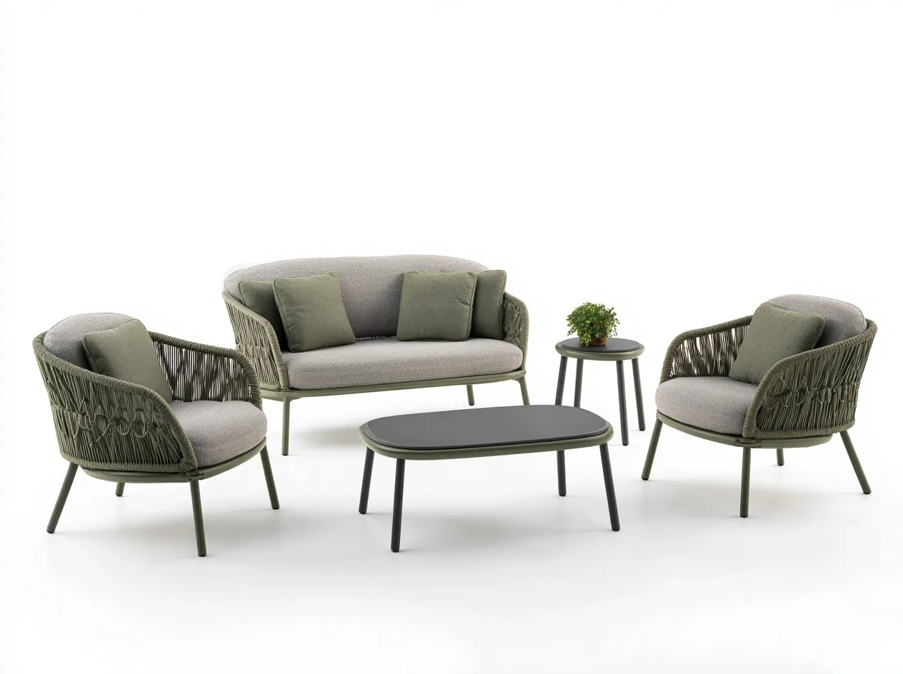 Conjunto de muebles de exterior con sofá de 2 plazas 150x80x85 cm + 2 sillones 75x80x85 cm + mesa de centro 95x55x45 cm + mesa auxiliar 45x45x50 cm - verde/gris - estilo contemporáneo