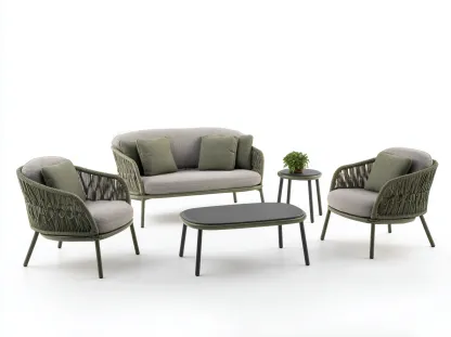 Conjunto de muebles de exterior con sofá de 2 plazas 150x80x85 cm + 2 sillones 75x80x85 cm + mesa de centro 95x55x45 cm + mesa auxiliar 45x45x50 cm - verde/gris - estilo contemporáneo