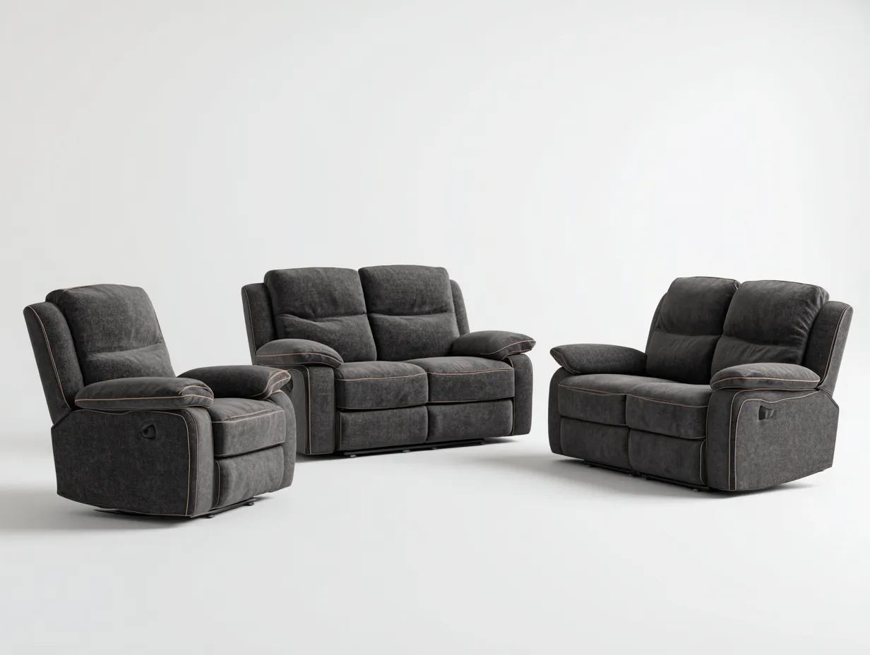 Juego de sofá 2 plazas 155x95x100 cm y sofá 2 plazas 155x95x100 cm con sillón reclinable 95x95x100 cm tapizados en tela - gris oscuro - diseño ergonómico y confortable