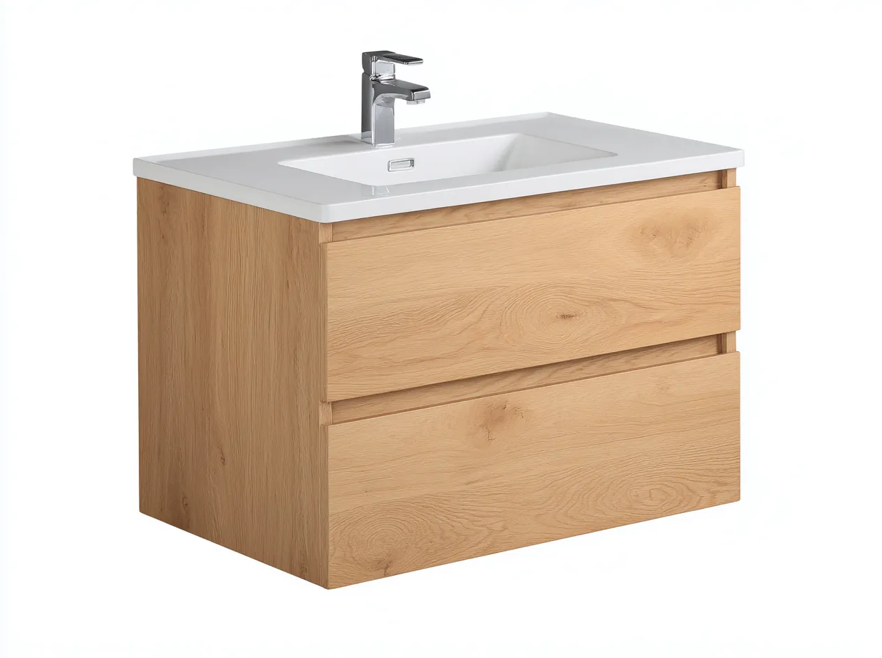 Mueble de baño con lavabo individual 80x45x56 cm - madera clara - con cajones de almacenaje