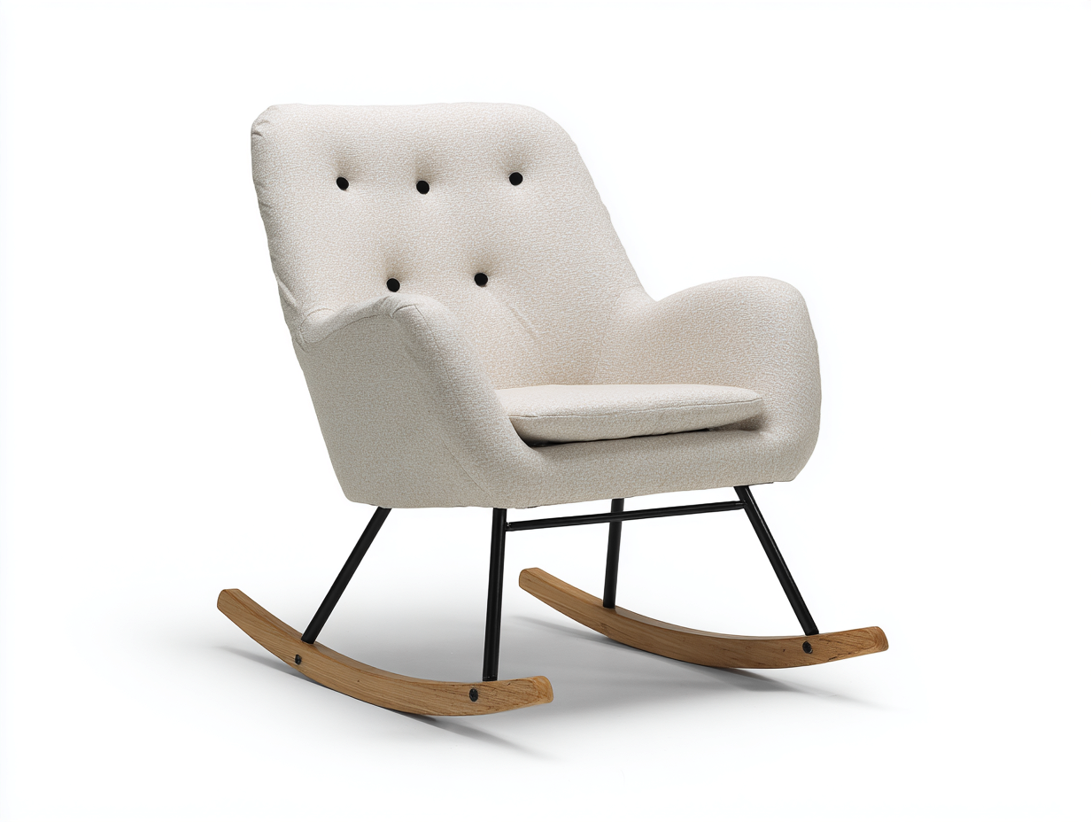Mecedora tapizada en tela beige con estructura metálica y patas de madera curvada 74x82x92 cm - estilo moderno