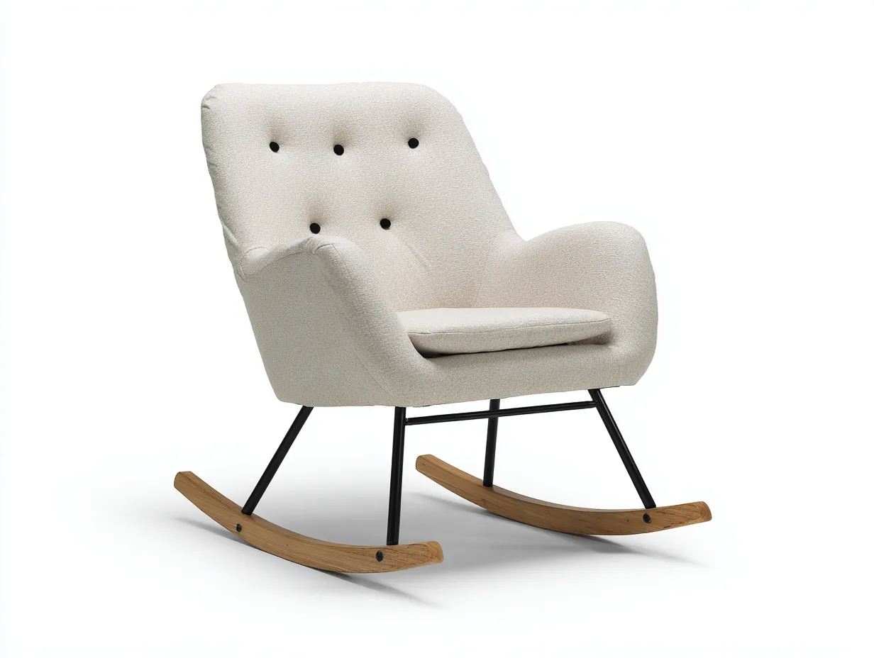 Mecedora tapizada en tela beige con estructura metálica y patas de madera curvada 74x82x92 cm - estilo moderno