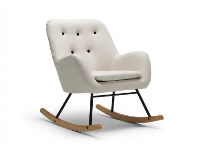 Mecedora tapizada en tela beige con estructura metálica y patas de madera curvada 74x82x92 cm - estilo moderno