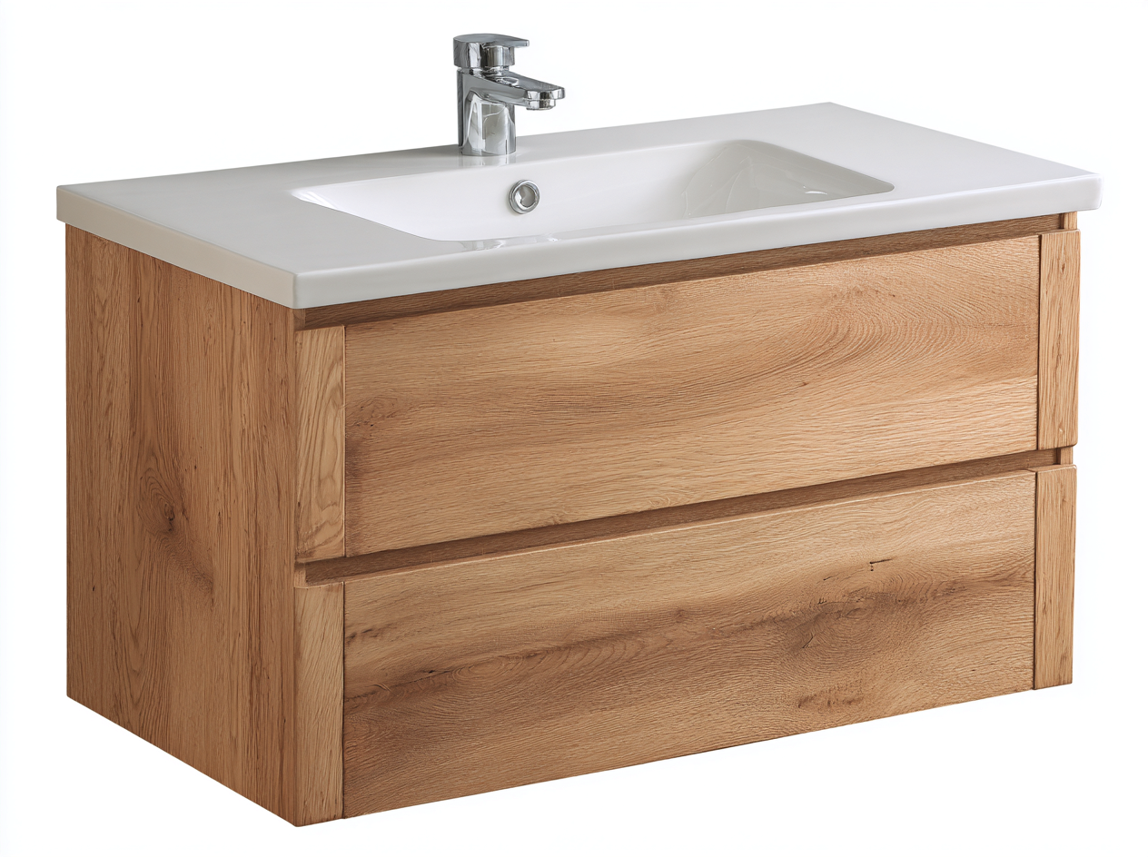 Mueble de baño con lavabo individual 90x46x56 cm - madera clara - con cajones de almacenaje