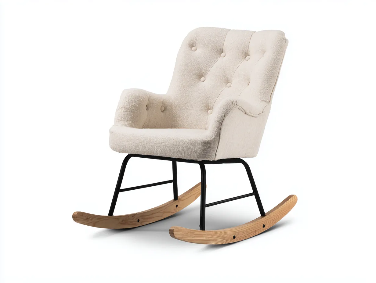 Mecedora tapizada en lino 70x85x95 cm - beige - estructura metálica con patas de madera curvada - estilo moderno