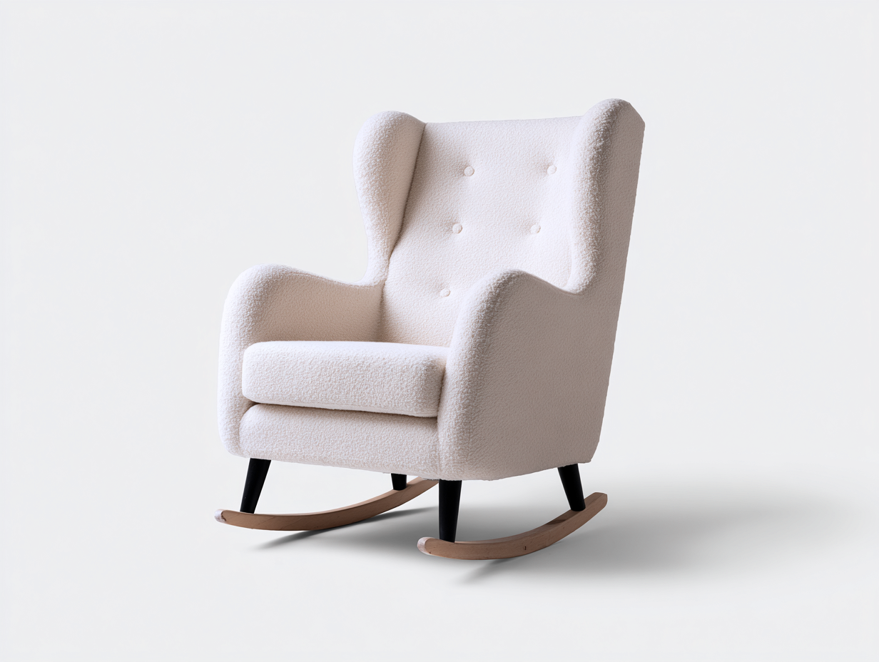 Mecedora orejera tapizada en tela blanca con estructura de madera y patas negras 80x85x105 cm - estilo clásico