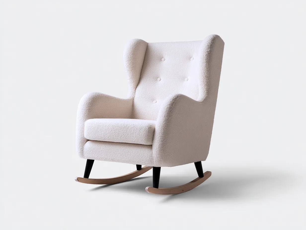 Mecedora orejera tapizada en tela blanca con estructura de madera y patas negras 80x85x105 cm - estilo clásico